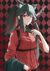 Rule 34 | absurdres, animal ear fluff, animal ears, argyle, argyle background, argyle clothes, arknights, bad id, bad pixiv id, black jacket, buttons, cigarette, collared shirt, colored inner hair, commentary, dress shirt, grey hair, grey necktie, hand up, highres, holding, holding clothes, holding jacket, jacket, long hair, long sleeves, looking at viewer, mouth hold, multicolored hair, necktie, orange eyes, parted lips, ponytail, ramune9376, red hair, red shirt, removing necktie, shirt, simple background, smoke, smoking, striped necktie, texas (arknights), texas (willpower) (arknights), wolf ears, wolf girl