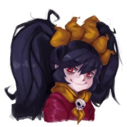 Rule 34 | 1girl, 2015, ascot, ashley (warioware), baconpal, bags under eyes, black hair, evil smile, hair ornament, headdress, long hair, messy hair, necklace, nintendo, portrait, red eyes, skull necklace, smile, solo, twintails, upper body, warioware, white background