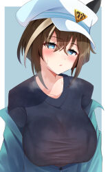 Rule 34 | 1girl, absurdres, alternate costume, animal ears, black shirt, blue eyes, blue jacket, blush, border, breasts, brown hair, cheval grand (umamusume), cleavage, commentary request, ear covers, evedesuuu, hair between eyes, hat, highres, horse ears, horse girl, jacket, jacket partially removed, large breasts, light blue background, long sleeves, looking at viewer, multicolored hair, parted lips, peaked cap, see-through, shirt, short hair, solo, streaked hair, sweat, umamusume, upper body, visible air, white border, white hair, white hat