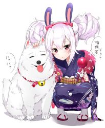 Rule 34 | 1girl, :o, animal, animal ears, azur lane, bell, blush, bow, candy apple, closed eyes, dog, floral print, food, hair between eyes, hair bow, hair up, hairband, holding, holding food, japanese clothes, jingle bell, kimono, laffey (azur lane), laffey (snow rabbit and candy apple) (azur lane), looking at viewer, obi, parted lips, pink bow, pink eyes, pink hair, print kimono, purple kimono, rabbit ears, red footwear, red hairband, sandals, sash, scratching head, socks, solo, squatting, suzuharu toufu, tabi, tongue, tongue out, translated, white background, white socks, zouri