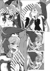 Rule 34 | 1girl, 2boys, absurdres, after fellatio, bar censor, blush, breasts, censored, clarisse (granblue fantasy), cleavage, cum, cum in mouth, dark-skinned male, dark skin, erection, closed eyes, fellatio, fingerless gloves, gloves, grabbing another&#039;s hair, granblue fantasy, greyscale, group sex, hat, hetero, highres, huge filesize, inoue kiyoshirou, irrumatio, large penis, long hair, medium breasts, mmf threesome, monochrome, multiple boys, navel, oral, penis, penis awe, penis on face, pointing, santa hat, scan, smile, tears, testicles, threesome, tongue, tongue out, wide-eyed