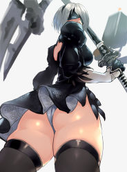 Rule 34 | 1girl, ass, back, black dress, black thighhighs, breasts, dress, floating, floating object, gloves, hairband, highres, holding, katana, mole, mole under mouth, negresco, nier (series), nier:automata, pod (nier:automata), short hair, silver hair, solo, sword, thighhighs, two-sided fabric, two-sided skirt, weapon, 2b (nier:automata)