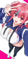 Rule 34 | 1girl, alternate costume, aqua hair, azur lane, black pants, blue jacket, blush, breasts, bremerton (azur lane), cleavage, collarbone, commentary request, covered erect nipples, fingernails, from above, hair between eyes, hair intakes, jacket, large breasts, long hair, long sleeves, looking at viewer, midriff, mole, mole on breast, multicolored hair, nail polish, nanohana (november.), navel, open mouth, pants, partial commentary, pink background, pink eyes, pink lips, pink nails, reaching, reaching towards viewer, red hair, shirt, shoes, shrug (clothing), simple background, sleeves past wrists, smile, sneakers, solo, stomach, streaked hair, teeth, thighs, twintails, two-tone background, two-tone hair, w, white background, white footwear, white shirt, yoga pants, zipper, zipper pull tab