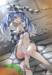 Rule 34 | 1girl, absurdres, animal ears, blue hair, blush, cuffs, don-chan (usada pekora), dungeon, feet out of frame, highres, hikimayu, hololive, long hair, looking at viewer, multicolored hair, open mouth, prison cell, prison clothes, rabbit-shaped pupils, rabbit ears, red eyes, reulem, shackles, short eyebrows, signature, sitting, solo, swept bangs, symbol-shaped pupils, tearing up, thick eyebrows, twintails, two-tone hair, usada pekora, usada pekora (prisoner), virtual youtuber, white hair