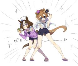 Rule 34 | 2girls, animal ears, black one-piece swimsuit, blue shirt, blush, blush stickers, breasts, brown hair, closed mouth, commentary request, crown, emphasis lines, hair between eyes, highres, holding, horse ears, horse girl, horse tail, jacket, medium breasts, meisho doto (umamusume), mini crown, moo~, multicolored hair, multiple girls, one-piece swimsuit, open clothes, open mouth, open shirt, purple eyes, purple footwear, purple jacket, sandals, shirt, simple background, smile, sparkle, standing, sunglasses, swimsuit, swimsuit under clothes, t.m. opera o (umamusume), tail, two-tone hair, umamusume, umamusume: road to the top, white background, white hair