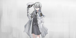 Rule 34 | 1girl, black necktie, blue eyes, chihuri, closed mouth, collared shirt, commentary request, earrings, ende (chihuri), gloves, grey background, grey hair, grey skirt, grey vest, hair between eyes, hat, highres, holding, holding clothes, holding hat, jacket, jewelry, long hair, long sleeves, looking at viewer, necktie, open clothes, open jacket, original, peaked cap, shirt, skirt, smile, solo, standing, stud earrings, unworn hat, unworn headwear, vest, white gloves, white hat, white jacket, white shirt