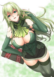 Rule 34 | 1girl, bare shoulders, black thighhighs, border break, breasts, bridal gauntlets, cleavage, curvy, elbow gloves, fiona (border break), gloves, green eyes, green hair, large breasts, long hair, looking at viewer, matching hair/eyes, parted lips, sign, smile, solo, syunzou, thighhighs, thighs, warning sign, wide hips