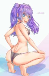 Rule 34 | 1girl, absurdres, ass, bare shoulders, bikini, blue eyes, blush, breasts, butt crack, fang, from behind, highres, hungrydurp, indie virtual youtuber, medium breasts, melody (projektmelody), nail polish, open mouth, purple hair, shiny skin, sideboob, smile, soles, solo, squatting, swimsuit, twintails, virtual youtuber, vshojo