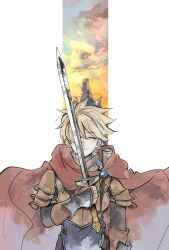 Rule 34 | 1boy, ^ ^, arm at side, armor, blonde hair, breastplate, brown gloves, cape, closed eyes, cloud, cowboy shot, elbow gloves, facing viewer, fingerless gloves, floating cape, gloves, gorget, hair between eyes, hand guard, highres, holding, holding sword, holding weapon, live a live, male focus, oersted, omomomizu, one eye covered, parted lips, pauldrons, red cape, short hair, shoulder armor, smile, solo, standing, sword, sword in front of face, weapon, white background