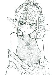 Rule 34 | 1girl, bare shoulders, blush, breasts, closed mouth, commentary request, covered collarbone, earrings, flower, green theme, hair between eyes, head tilt, highres, jewelry, looking at viewer, medium breasts, miata (miata8674), mizuhashi parsee, monochrome, off shoulder, pendant, ponytail, rose, short hair, simple background, sketch, sleeveless, slit pupils, solo, touhou, upper body, white background
