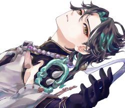 Rule 34 | 1boy, ahoge, aqua hair, armor, bead necklace, beads, black hair, facial mark, forehead mark, genshin impact, gloves, highres, injury, jewelry, lying, male focus, multicolored hair, necklace, on back, parted lips, shiraishi (siraisi00), simple background, solo, spikes, tassel, tears, upper body, white background, xiao (genshin impact), yellow eyes