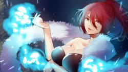 Rule 34 | 1girl, aozaki touko, bad id, bad pixiv id, bare shoulders, blue fire, breast rest, breasts, cigarette, cleavage, dark background, dress, eyebrows, eyes visible through hair, fate/grand order, fate (series), fire, fur trim, hair between eyes, kara no kyoukai, large breasts, lipstick, long hair, looking at viewer, makeup, pantsu (lootttyyyy), ponytail, red eyes, red hair, scarf, simple background, sleeveless, sleeveless dress, smoking, solo, strapless, strapless dress, upper body