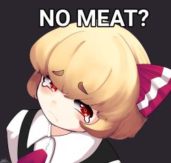 Rule 34 | 1girl, ascot, blonde hair, blush, closed mouth, collared shirt, frown, grey background, hair ribbon, highres, kelbhin, looking at viewer, meme, no bitches? (meme), red ascot, red eyes, red ribbon, ribbon, rumia, shirt, short hair, signature, simple background, solo, tearing up, touhou, upper body, white shirt