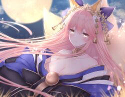Rule 34 | 1girl, animal ear fluff, animal ears, bare shoulders, bell, blue kimono, blue ribbon, blush, bow, breasts, cleavage, detached sleeves, fate/grand order, fate (series), fox ears, fox girl, fox tail, full moon, glowing tail, hair ribbon, japanese clothes, kimono, large breasts, long hair, looking at viewer, moon, multiple tails, off shoulder, pink hair, ribbon, solo, tail, tamamo (fate), tamamo no mae (fate/extra), tamamo no mae (third ascension) (fate), tears, very long hair, yellow eyes, yuzushiro