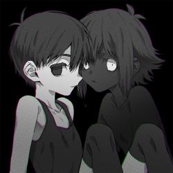 Rule 34 | 2boys, bare shoulders, basil (omori), black background, black eyes, black hair, black skin, black tank top, black thighhighs, chromatic aberration, collarbone, colored skin, constricted pupils, expressionless, film grain, from side, greyscale, hair between eyes, knees up, looking at viewer, male focus, monochrome, multiple boys, nude, omori, parted lips, short hair, simple background, sitting, sunny (omori), tank top, thighhighs, toastytoast, upper body, white eyes