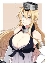 Rule 34 | 1girl, blonde hair, blue eyes, breasts, cleavage, fingerless gloves, front-tie top, gloves, headgear, iowa (kancolle), kantai collection, large breasts, looking at viewer, smile, solo, star-shaped pupils, star (symbol), symbol-shaped pupils, tanaka io (craftstudio), thighhighs, two-tone background, upper body