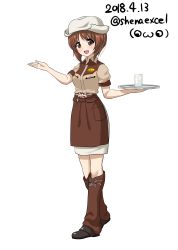 Rule 34 | 10s, 1girl, absurdres, alternate costume, apron, artist name, belt, boots, brown apron, brown belt, brown eyes, brown footwear, brown hair, brown shirt, commentary request, cowboy boots, cowboy hat, cup, dated, drinking glass, full body, gesture, girls und panzer, glass, hat, highres, holding, ice, looking at viewer, medium skirt, nishizumi miho, one-hour drawing challenge, open mouth, pencil skirt, shiina excel, shirt, short hair, short sleeves, signature, simple background, skirt, smile, solo, standing, tray, twitter username, waitress, water, white background, white hat, white skirt