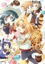 Rule 34 | 10s, 6+girls, :d, :o, ahoge, american beaver (kemono friends), animal ears, animal print, ankle boots, antenna hair, artist name, backpack, bag, bangs pinned back, bare shoulders, beaver ears, beaver tail, beige shorts, beige sweater, belt, black-tailed prairie dog (kemono friends), black eyes, black gloves, black hair, black legwear, black one-piece swimsuit, black ribbon, black skirt, blonde hair, blue shirt, blush, boots, bow, bowtie, brown belt, brown eyes, brown footwear, brown jacket, bucket hat, clenched hand, closed mouth, collarbone, common raccoon (kemono friends), dot nose, dotted line, elbow gloves, extra ears, eye contact, eyebrows, eyelashes, fang, fennec (kemono friends), floating, food, food in mouth, food on face, footwear ribbon, fox ears, fox tail, from side, fur collar, fur trim, glomp, gloves, gradient clothes, gradient hair, gradient legwear, green bow, green bowtie, green ribbon, grey hair, hair between eyes, hair ornament, hairclip, hat, hat feather, high-waist skirt, highres, holding, holding food, hug, hug from behind, jacket, jitome, jumping, kaban (kemono friends), kemono friends, leg lift, legs up, light brown hair, loafers, long sleeves, looking at another, looking at viewer, looking to the side, mouth hold, multicolored background, multicolored clothes, multicolored hair, multicolored legwear, multiple girls, namori, one-piece swimsuit, open clothes, open jacket, open mouth, orange hair, own hands together, pantyhose, pink sweater, pleated skirt, popped collar, print bow, print bowtie, print gloves, print legwear, print neckwear, print skirt, puffy short sleeves, puffy sleeves, raccoon ears, raccoon tail, red shirt, ribbon, serval (kemono friends), serval print, serval tail, sharing food, shirt, shoe soles, shoes, short-sleeved sweater, short hair, short shorts, short sleeves, shorts, skirt, sleeveless, sleeveless jacket, sleeveless shirt, smile, socks, socks over thighhighs, striped tail, sweater, swimsuit, swimsuit under clothes, tail, teeth, thighhighs, tsurime, two-tone hair, waist hug, white background, white footwear, white hair, white legwear, white shirt, white skirt, yellow bow, yellow bowtie, yellow eyes, yellow gloves, yellow legwear, zettai ryouiki