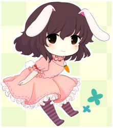 Rule 34 | 1girl, animal ears, black eyes, blue flower, blush, bow, brown hair, brown pantyhose, carrot necklace, checkered background, chibi, closed mouth, commentary, dress, flower, frills, full body, green background, hair between eyes, highres, inaba tewi, jewelry, looking away, multicolored background, necklace, no shoes, pantyhose, pink dress, puffy short sleeves, puffy sleeves, purple pantyhose, rabbit ears, rabbit tail, red bow, rei (tonbo0430), short hair, short sleeves, smile, solo, standing, striped clothes, striped pantyhose, tail, touhou, yellow background