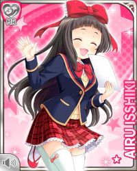 Rule 34 | 1girl, black hair, blue jacket, bow, character name, closed eye, closed eyes, girlfriend (kari), hair bow, holding, isshiki airu, jacket, long hair, official art, open hand, open mouth, paper, pink background, plaid, plaid skirt, qp:flapper, red bow, red eyes, red skirt, school uniform, shirt, skirt, smile, tagme, academic test, vest, white shirt, yellow vest
