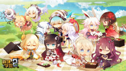 Rule 34 | 6+girls, animal ears, bare shoulders, benghuai xueyuan, bento, black hair, blonde hair, blue eyes, blue hair, character request, chibi, chloe (benghuai xueyuan), chopsticks, closed eyes, closed mouth, cloud, copyright name, cup, detached sleeves, dress, floating, food, hair ornament, hat, highres, holding, holding chopsticks, holding cup, honkai (series), hyperion (benghuai xueyuan), japanese clothes, kaguya (benghuai xueyuan), kanai (benghuai xueyuan), kimono, logo, long hair, mini hat, multiple girls, official art, one eye closed, onigiri, open mouth, outdoors, picnic, pink hair, purple eyes, purple hair, red (benghuai xueyuan), red eyes, red kimono, reflection, reflective water, second-party source, seiza, sitting, teapot, thighhighs, water, white hair, white thighhighs, yae sakura, yellow eyes