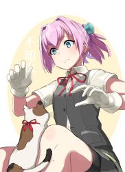 Rule 34 | 10s, 1girl, animal, between legs, bike shorts, black skirt, black vest, blue eyes, blush, breast pocket, buttons, calico, cat, character name, closed mouth, collared shirt, confused, flat chest, frown, gloves, hair between eyes, hair ornament, kantai collection, looking at another, miniskirt, neck ribbon, palms, pleated skirt, pocket, ponytail, red ribbon, ribbon, shiranui (kancolle), shirt, short sleeves, shorts, shorts under skirt, sitting, skirt, sweat, tonami kanji, vest, white gloves