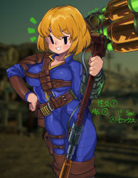 Rule 34 | absurdres, bandolier, belt, black eyes, blonde hair, blush, breast press, breasts, buttons, cleft of venus, fallout (series), gold trim, hammer, hand on weapon, harness, highres, holster, japanese text, large breasts, looking at viewer, pip boy, pouch, scratches, short hair, shoulder pads, skindentation, sledgehammer, smile, solid oval eyes, translated, triangle mouth, vault girl, vault meat, vault suit, waa153, watermark, weapon