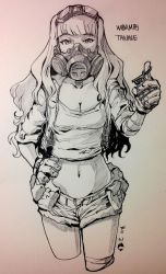 Rule 34 | 1girl, breasts, cleavage, cowboy shot, cropped legs, cropped shirt, explosive, gas mask, gloves, goggles, goggles on head, graphite (medium), grenade, greyscale, hand on own hip, hand up, highres, holding, holding grenade, idolmaster, idolmaster (classic), long hair, mask, midriff, monochrome, navel, photo (medium), shijou takane, short shorts, shorts, solo, traditional media, tuxedo de cat
