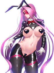 Rule 34 | 1girl, animal ears, black jacket, black thighhighs, blindfold, bow, bowtie, breasts, closed mouth, cropped jacket, facial mark, fate/stay night, fate (series), fishnet legwear, fishnets, forehead, forehead mark, gloves, heart pasties, highres, jacket, large breasts, long hair, long sleeves, maebari, medusa (fate), medusa (rider) (fate), meme attire, minami koyogi, navel, pasties, purple hair, rabbit ears, red bow, revealing clothes, reverse bunnysuit, reverse outfit, shrug (clothing), simple background, solo, thighhighs, thighs, very long hair, white background, white gloves