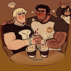 Rule 34 | &gt; &lt;, 1girl, 2boys, animal-themed food, bara, beard stubble, black hair, blush, character request, comparison, couple, dark-skinned male, dark skin, dating, facial hair, fujoshi, highres, holding hands, huge eyebrows, imagining, interlocked fingers, jaime (grizzgotmilk), large pectorals, latte art, looking at another, loving aura, lucas lee, male focus, multiple boys, muscular, muscular male, pectorals, scott pilgrim (series), scott pilgrim takes off, shirt, short hair, short sleeves, sideways mouth, smile, stubble, t-shirt, table, thick arm hair, thought bubble, todd ingram, yaoi
