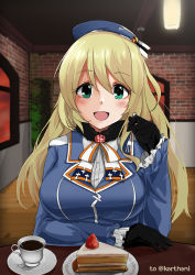 Rule 34 | 10s, 1girl, :d, ascot, atago (kancolle), bad id, bad pixiv id, beret, black gloves, blonde hair, blush, breasts, brick wall, cafe, cake, coffee, coffee cup, cup, dessert, disposable cup, eyelashes, female focus, food, fork, fruit, gloves, green eyes, hat, holding, holding fork, indoors, kantai collection, large breasts, light, long hair, long sleeves, looking at viewer, military, military uniform, open mouth, plate, pov across table, rotamo, saucer, sitting, smile, solo, strawberry, table, teacup, twitter username, uniform, upper body, window, wooden floor