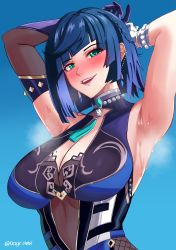 Rule 34 | 1girl, absurdres, armpits, arms up, black gloves, blue background, blue dress, blue hair, blush, bob cut, braid, breasts, diagonal bangs, dice, dress, earrings, elbow gloves, genshin impact, gloves, green eyes, highres, jewelry, large breasts, looking at viewer, mole, mole on breast, neck tassel, neige (pixiv6850453), open mouth, short hair, single elbow glove, sleeveless, sleeveless dress, smile, solo, sweat, twitter username, upper body, white gloves, yelan (genshin impact)