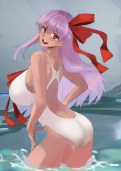 Rule 34 | 1girl, absurdres, ass, bare shoulders, bb (fate), bb (fate) (all), bb (swimsuit mooncancer) (fate), bb (swimsuit mooncancer) (third ascension) (fate), blush, breasts, butt crack, dark-skinned female, dark skin, fate/grand order, fate (series), hair ribbon, highleg, highleg swimsuit, highres, huge breasts, kasumi saika, long hair, looking at viewer, looking back, neck ribbon, one-piece swimsuit, open mouth, purple hair, red eyes, red ribbon, ribbon, smile, solo, swimsuit, tan, thighs, very long hair, wading, water, white one-piece swimsuit