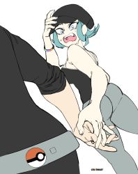 Rule 34 | 1boy, 1girl, artist name, ass, bare arms, bare shoulders, blue eyes, blue hair, breasts, brekkist, cabbie hat, couple, creatures (company), embarrassed, game freak, hair rings, hand on headwear, hat, hetero, highres, holding hands, medium breasts, nervous, nintendo, open mouth, pants, poke ball, poke ball (basic), pokemon, pokemon usum, short twintails, simple background, sweat, sweatdrop, tank top, team rainbow rocket grunt, team rainbow rocket uniform, team rocket, teeth, twintails, wavy mouth, white background