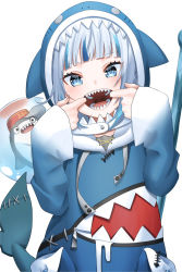Rule 34 | 1girl, aboreen, animal hood, bloop (gawr gura), blue eyes, blue hair, blue hoodie, blunt bangs, blush, cheek pull, commentary, cowboy shot, english commentary, fangs, fins, fish tail, gawr gura, gawr gura (1st costume), highres, hololive, hololive english, hood, hoodie, looking at viewer, medium hair, mouth pull, multicolored hair, open mouth, shark hood, shark tail, sharp teeth, silver hair, simple background, smile, streaked hair, tail, teeth, two-tone hair, virtual youtuber, white background
