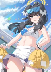Rule 34 | 1girl, absurdres, animal ears, black hair, blue archive, blue eyes, blue sky, cameltoe, cheerleader, cloud, cowboy shot, crop top, day, dog ears, dog girl, dog tail, facial mark, goggles, goggles on head, halo, hibiki (blue archive), hibiki (cheer squad) (blue archive), highres, holding, holding pom poms, kuwahara taiki, millennium cheerleader outfit (blue archive), miniskirt, official alternate costume, panties, pleated skirt, pom pom (cheerleading), pom poms, skirt, sky, solo, standing, star (symbol), star facial mark, star sticker, sticker on arm, sticker on face, tail, text print, twintails, underwear, white panties, white skirt