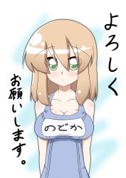 Rule 34 | 1girl, breasts, brown hair, female focus, green eyes, highres, kaz (shade), large breasts, makihara nodoka, one-piece swimsuit, solo, standing, swimsuit, aged down