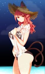 Rule 34 | 1girl, alternate hairstyle, animal ears, bikini, black bikini, breasts, cat ears, cat tail, hair down, hat, highres, kaenbyou rin, large breasts, long hair, looking at viewer, multiple tails, night, night sky, ocean, pandain, pointy ears, red hair, see-through, shirt, sky, smile, solo, star (sky), starry sky, straw hat, swimsuit, tail, touhou, two tails, wading, water, wet, wet clothes, wet shirt