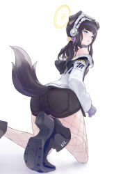 Rule 34 | 1girl, absurdres, aimo wotku, animal ears, ass, bare shoulders, black footwear, black hair, blue archive, blue eyes, blunt bangs, blush, boots, breasts, dog ears, dog girl, dog tail, fishnet pantyhose, fishnets, goggles, goggles on head, halo, headphones, hibiki (blue archive), highres, hood, jacket, kneeling, long hair, long sleeves, looking at viewer, looking back, medium breasts, off shoulder, pantyhose, shorts, sleeves past wrists, small breasts, solo, tail, white background