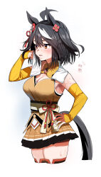 Rule 34 | 1girl, absurdres, ahoge, animal ears, black hair, blush, bob cut, breasts, brown skirt, cleavage, cleavage cutout, clothing cutout, cowboy shot, detached sleeves, flower, flower ornament, from side, hair flower, hair ornament, highres, horse ears, horse girl, horse tail, kitasan black (umamusume), large breasts, looking to the side, multicolored hair, pleated skirt, red eyes, red ribbon, revision, ribbon, short hair, simple background, skirt, solo, streaked hair, tail, takuan (taku1219oekaki), two-tone hair, umamusume, white background