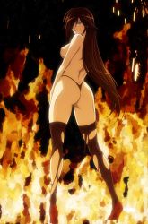 Rule 34 | 1girl, ass, back, brown hair, fire, green eyes, hair over one eye, high heels, highres, long hair, looking at viewer, nyx (queen&#039;s blade), panties, queen&#039;s blade, solo, standing, stitched, thighhighs, third-party edit, thong, topless, torn clothes, torn thighhighs, underwear