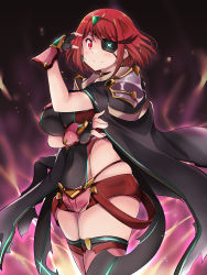 Rule 34 | 1girl, absurdres, black gloves, breasts, cape, chest jewel, earrings, eyepatch, fingerless gloves, gloves, highres, jewelry, kurokaze no sora, large breasts, pyra (xenoblade), red eyes, red hair, red shorts, red thighhighs, short hair, short shorts, shorts, swept bangs, thighhighs, tiara, xenoblade chronicles (series), xenoblade chronicles 2, zeke von genbu (xenoblade)