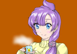 Rule 34 | 1girl, anabel (pokemon), creatures (company), game freak, gen 1 pokemon, hair tie, hairstyle request, holding glass, holding mug, long hair, looking at viewer, nintendo, orange background, pikachu, pokemon, pokemon (creature), pokemon sm, purple eyes, purple hair, sleeves past wrists, smile, steam, sweater, upper body, yellow sweater
