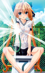 Rule 34 | 1girl, :p, ahoge, aiming, aiming at viewer, bike shorts, blonde hair, blue eyes, blush, bow, chain-link fence, cloud, day, fence, gym uniform, hair bow, highres, hose, kue nanaka, legs, long hair, looking at viewer, mikoshi matsuri, naughty face, navel, nega0, no bra, official art, outdoors, poolside, pov, see-through, shirt, sitting, sky, solo, splashing, spread legs, tongue, tongue out, twintails, very long hair, wet, wet clothes, wet shirt
