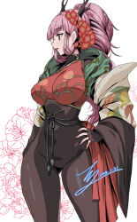 Rule 34 | 1girl, braid, braided ponytail, breasts, chinese new year, commission, commissioner upload, dragon horns, fingerless gloves, floral background, flower, from side, gloves, hair flower, hair ornament, hand on own hip, highres, horns, large breasts, long hair, long sleeves, mu xiaokui (phantom blade), non-web source, parted lips, phantom blade (game), pink eyes, pink hair, rantia, skeb commission, solo, thighs, upper body