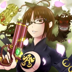 Rule 34 | akizuki ritsuko, bayonetta, bayonetta (series), breasts, brown hair, cleavage, cosplay, glasses, gun, idolmaster, idolmaster (classic), momojiri tarou, monster, weapon
