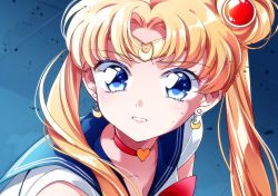 Rule 34 | 1girl, ayumaru (art of life), bishoujo senshi sailor moon, blonde hair, blue eyes, blue sailor collar, breasts, choker, cleavage, collarbone, commentary request, crescent, crescent earrings, derivative work, diadem, earrings, hair bun, heart, heart choker, jewelry, long hair, meme, red choker, sailor collar, sailor moon, sailor moon redraw challenge (meme), sailor senshi, sailor senshi uniform, single hair bun, solo, sweatdrop, tsukino usagi, twintails, upper body