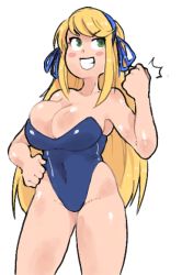 Rule 34 | 10s, 1girl, alternate costume, bare arms, bare legs, bare shoulders, blonde hair, blue hairband, blue leotard, blush stickers, breasts, clenched hand, clenched teeth, covered navel, feet out of frame, female focus, green eyes, grin, hairband, hand on own hip, hand up, inkerton-kun, katsuragi (senran kagura), large breasts, legs, leotard, long hair, looking away, naughty face, neck, senran kagura, shiny skin, simple background, smile, solo, standing, strapless, strapless leotard, swept bangs, teeth, white background