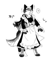 Rule 34 | 1boy, 1girl, animal ears, animal feet, animal hands, apron, back bow, body fur, bow, claws, collared dress, dress, full body, greyscale, height difference, highres, hug, hug from behind, long hair, long sleeves, maid, maid apron, maid headdress, monochrome, open mouth, original, pants, rata (norahasu), simple background, speech bubble, standing, tail, tiptoes, translation request, white background, wolf boy, wolf ears, wolf tail