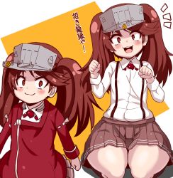 Rule 34 | 10s, 1girl, :3, :d, bad id, bad pixiv id, blush, brown hair, brown skirt, collared shirt, kantai collection, long hair, long sleeves, magatama, onmyouji, open mouth, pleated skirt, red eyes, ryuujou (kancolle), shirt, skirt, smile, suspenders, thick thighs, thighs, translation request, twintails, visor cap, yukinojou yakan